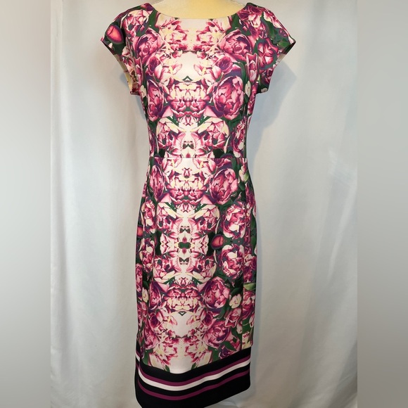 Pink and Beige Flower Shortsleeved Midi Dress Size 8 - Picture 1 of 8